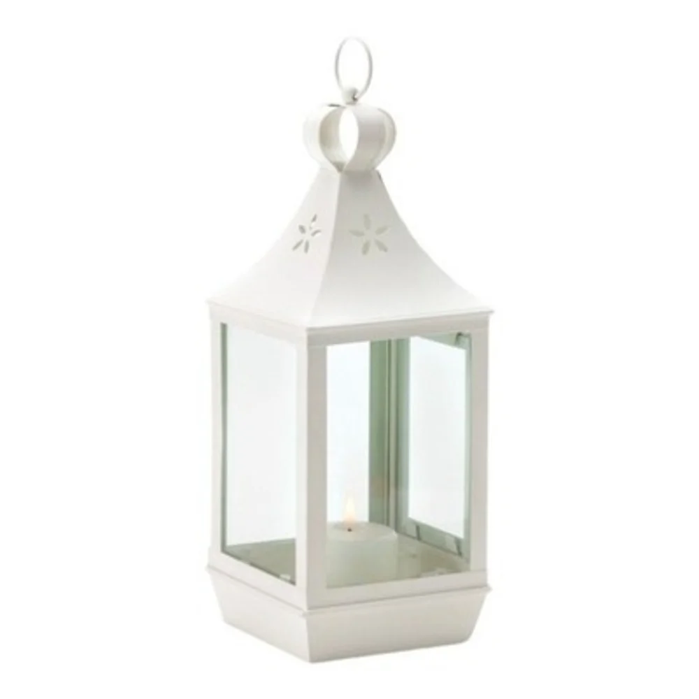 Large White Candle Lantern Metal Glass Farmhouse Decor Lantern Candle Holder VG